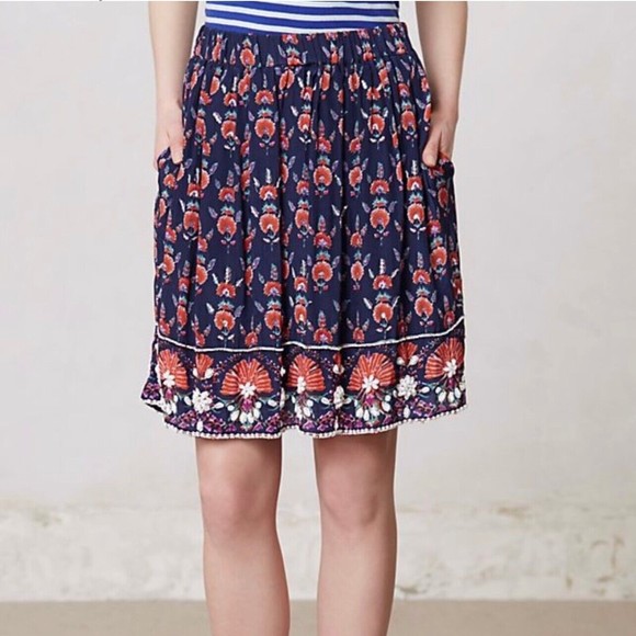 Anthropologie Dresses & Skirts - Maeve Anthropologie Women Adele Beaded Skirt Floral Bohemian Navy Blue Medium